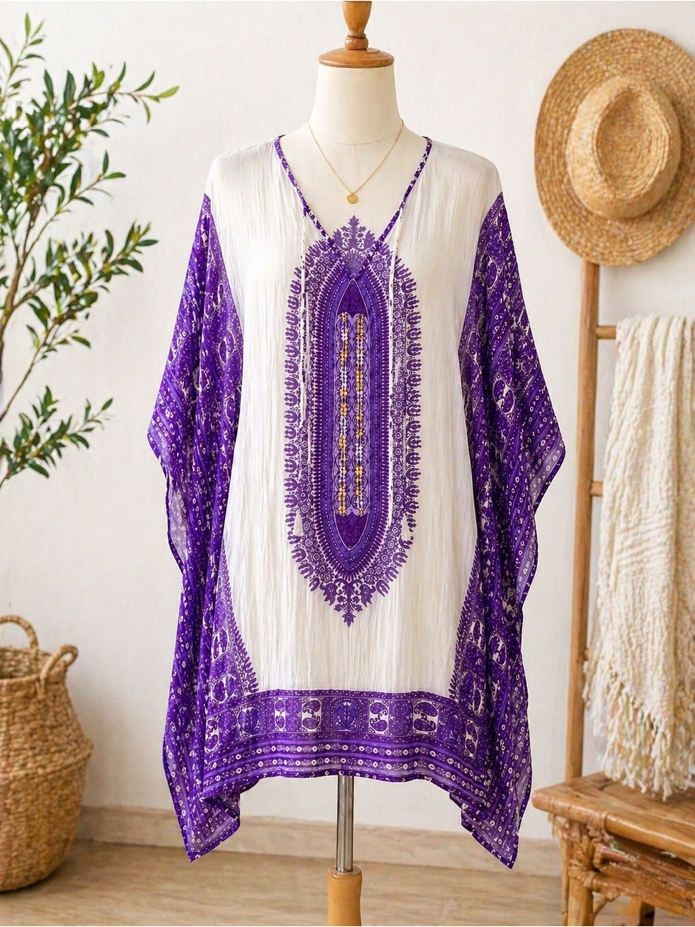Ingear White and Purple Printed Boho Tunic